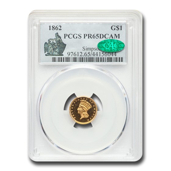 1862 $1 Indian Head Gold PR-65 DCAM PCGS CAC 1862 $1 Indian Head Gold PR-65 DCAM PCGS CAC