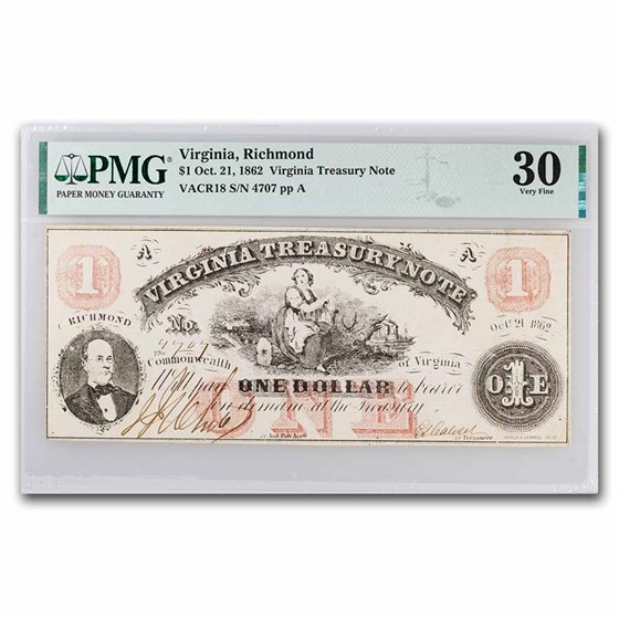 1862 $1 Richmond Virginia Treasury Note - VF-30 PMG