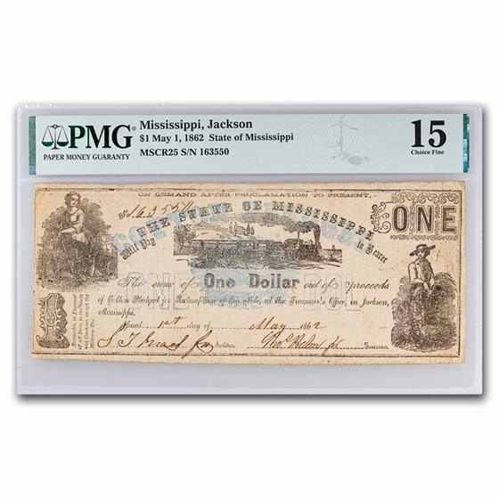 1862 $1 State of Mississippi Obsolete - Cotton Pledged - F-15 PMG 1862 $1 State of Mississippi Obsolete - Cotton Pledged - F-15 PMG