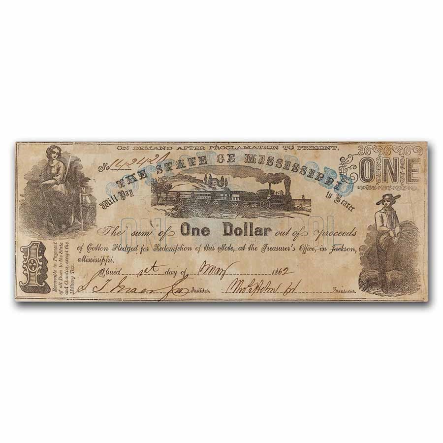 1862 $1 State of Mississippi Obsolete - Cotton Pledged - VF