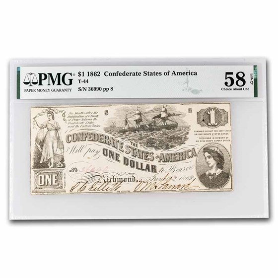 1862 $1 (T-44) Steamship at Sea, Lucy Pickens Ch AU-58 EPQ PMG 1862 $1 (T-44) Steamship at Sea, Lucy Pickens Ch AU-58 EPQ PMG