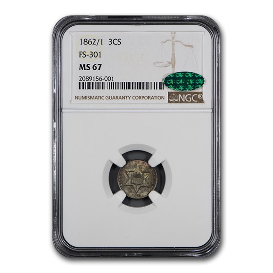 1862/1 Three Cent Silver MS-67 NGC CAC (FS-301) 1862/1 Three Cent Silver MS-67 NGC CAC (FS-301)