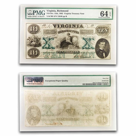 1862 $10.00 Richmond Virginia Treasury Note CU-64 EPQ PMG (CR-9) 1862 $10.00 Richmond Virginia Treasury Note CU-64 EPQ PMG (CR-9)