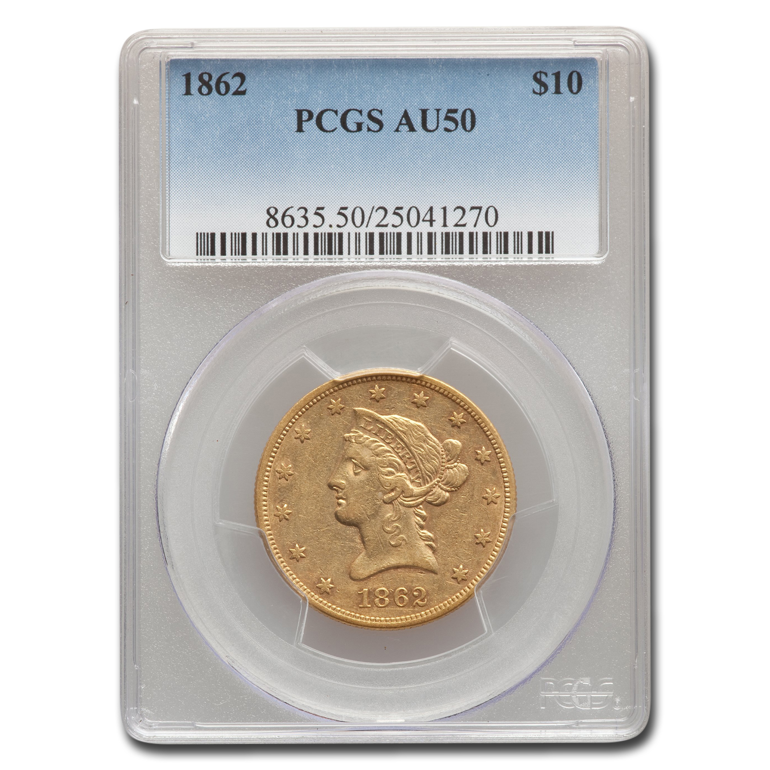 1862 $10 Liberty Gold Eagle AU-50 PCGS US Mint
