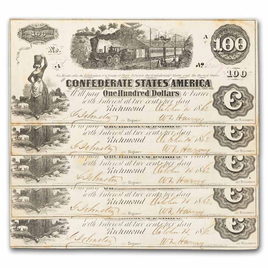 1862 $100 (T-40) Train Diffused Steam AU 5 Consecutive
