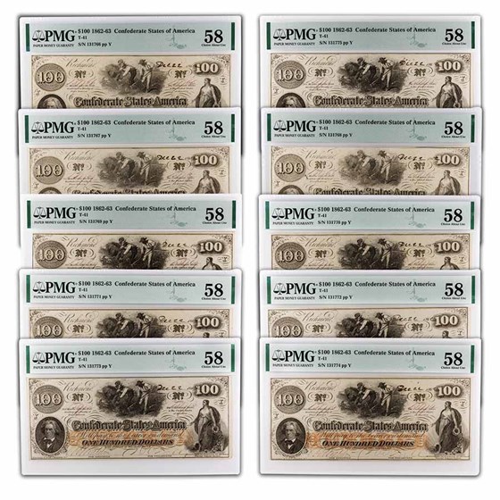 1862 $100 (T-41) Slaves/Cotton AU-58 PMG 10 Consecutive 1862 $100 (T-41) Slaves/Cotton AU-58 PMG 10 Consecutive