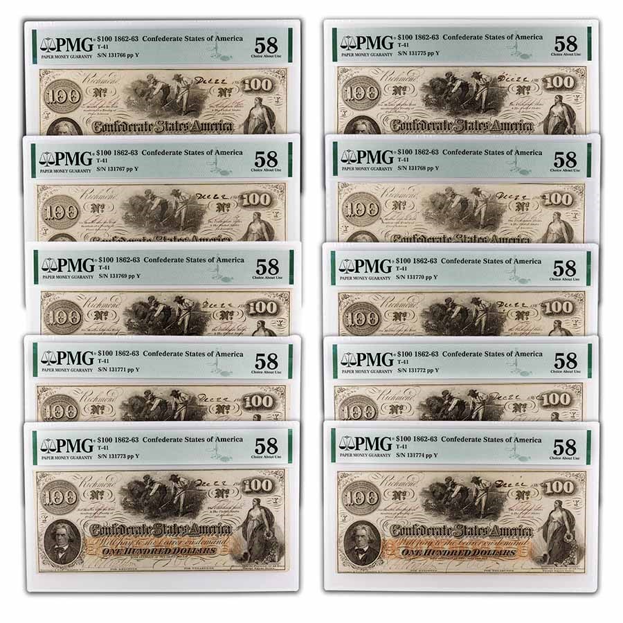 1862 $100 (T-41) Slaves/Cotton AU-58 PMG 10 Consecutive