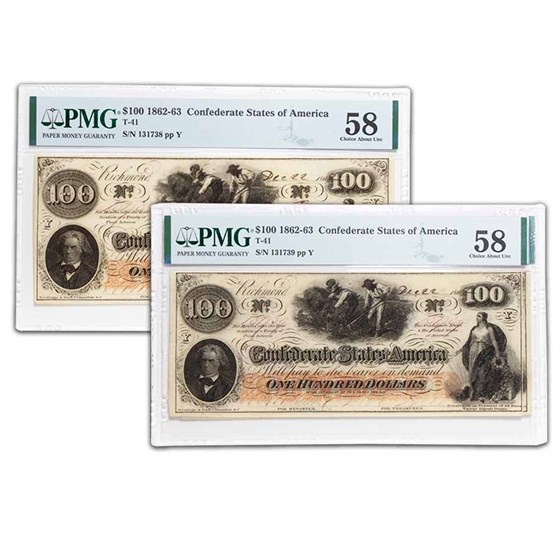 1862 $100 (T-41) Slaves/Cotton AU-58 PMG 2 Consec 1862 $100 (T-41) Slaves/Cotton AU-58 PMG 2 Consec