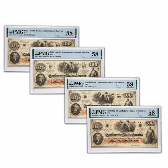 1862 $100 (T-41) Slaves/Cotton AU-58 PMG 4 Consecutive 1862 $100 (T-41) Slaves/Cotton AU-58 PMG 4 Consecutive
