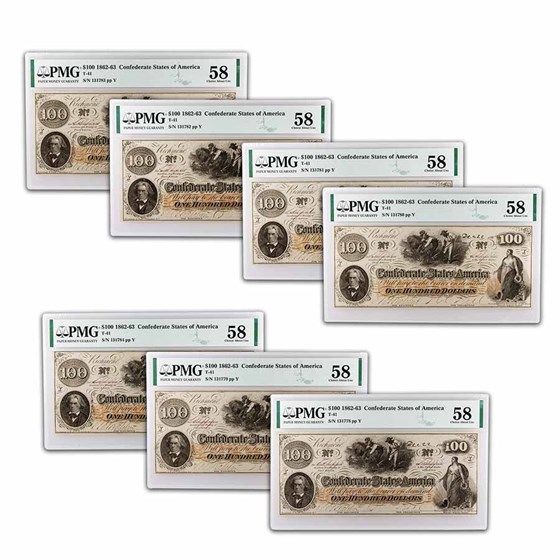 1862 $100 (T-41) Slaves/Cotton AU-58 PMG 8 Consecutive 1862 $100 (T-41) Slaves/Cotton AU-58 PMG 8 Consecutive
