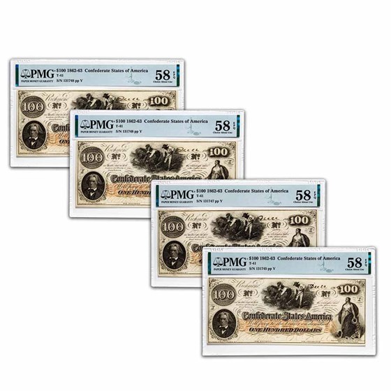 1862 $100 (T-41) Slaves/Cotton AU-58 PMG EPQ 4 Consec 1862 $100 (T-41) Slaves/Cotton AU-58 PMG EPQ 4 Consec