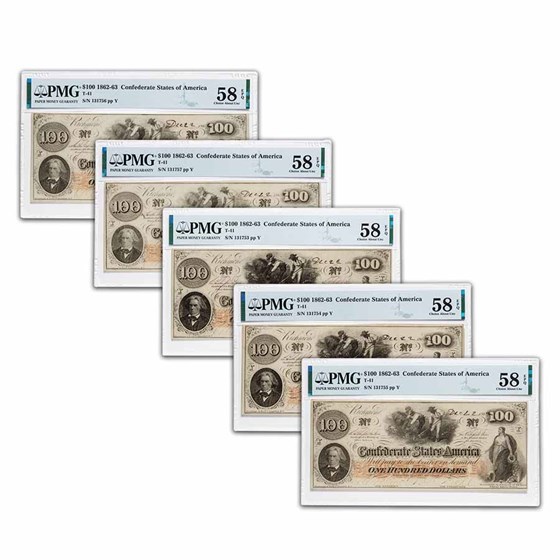1862 $100 (T-41) Slaves/Cotton AU-58 PMG EPQ (5 Consec) 1862 $100 (T-41) Slaves/Cotton AU-58 PMG EPQ (5 Consec)