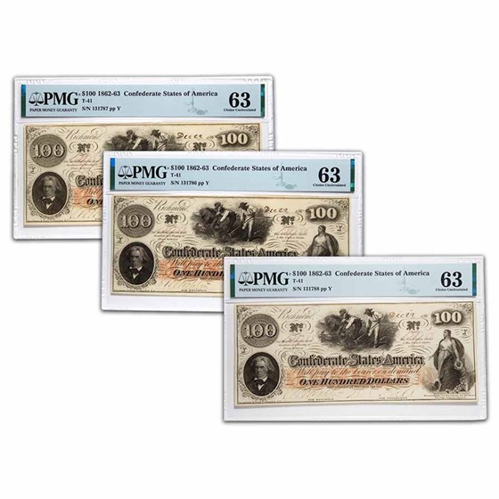 1862 $100 (T-41) Slaves/Cotton CH CU-63 PMG 3 Consec 1862 $100 (T-41) Slaves/Cotton CH CU-63 PMG 3 Consec
