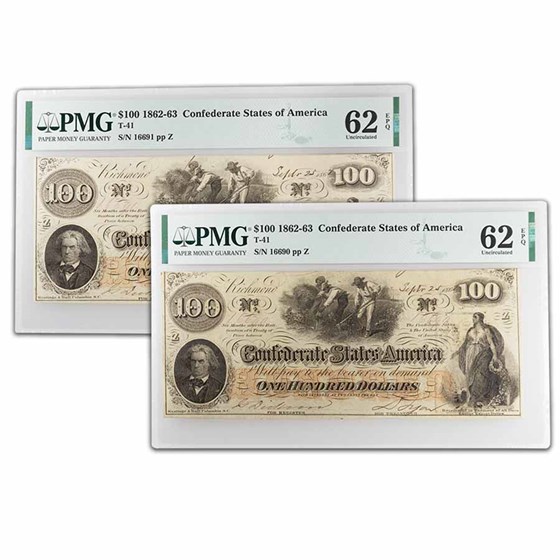 1862 $100 (T-41) Slaves/Cotton CU-62 PMG EPQ 2 Consec 1862 $100 (T-41) Slaves/Cotton CU-62 PMG EPQ 2 Consec
