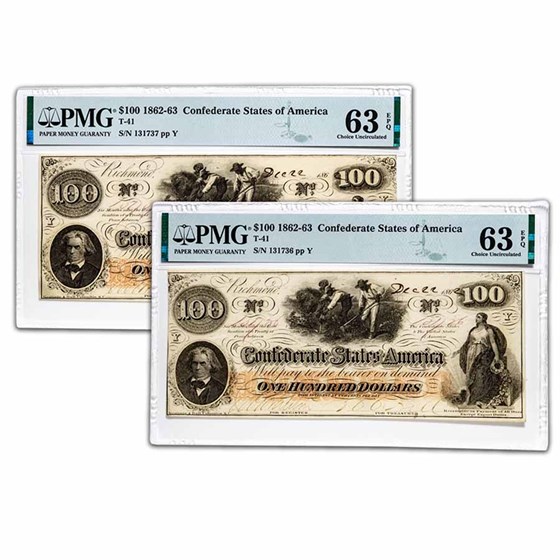 1862 $100 (T-41) Slaves/Cotton CU-63 EPQ PMG (2 Consecutive) 1862 $100 (T-41) Slaves/Cotton CU-63 EPQ PMG (2 Consecutive)