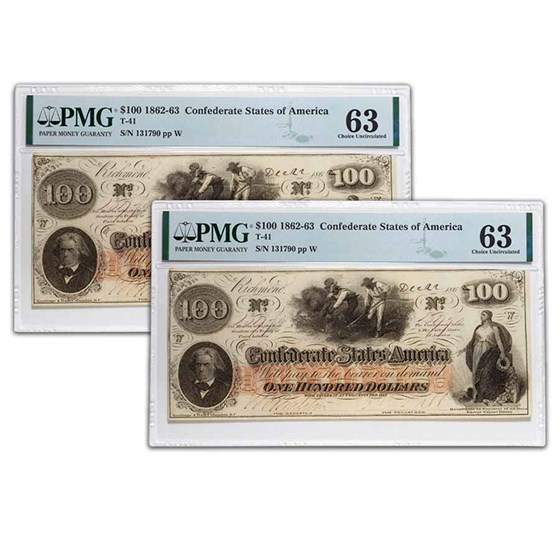 1862 $100 (T-41) Slaves/Cotton CU-63 PMG (2 Consec ) 1862 $100 (T-41) Slaves/Cotton CU-63 PMG (2 Consec )
