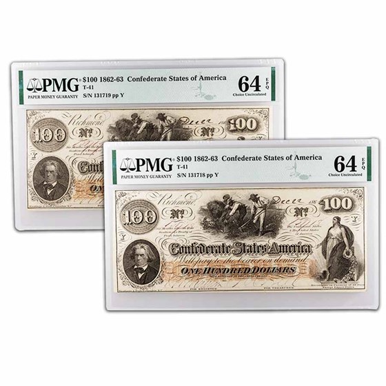 1862 $100 (T-41) Slaves/Cotton CU-64 EPQ PMG (2 Consecutive) 1862 $100 (T-41) Slaves/Cotton CU-64 EPQ PMG (2 Consecutive)