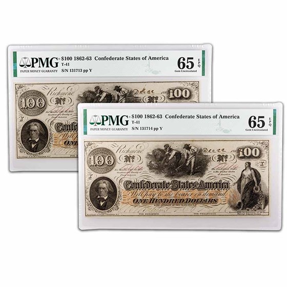 1862 $100 (T-41) Slaves/Cotton CU-65 EPQ PMG 2 Consec 1862 $100 (T-41) Slaves/Cotton CU-65 EPQ PMG 2 Consec