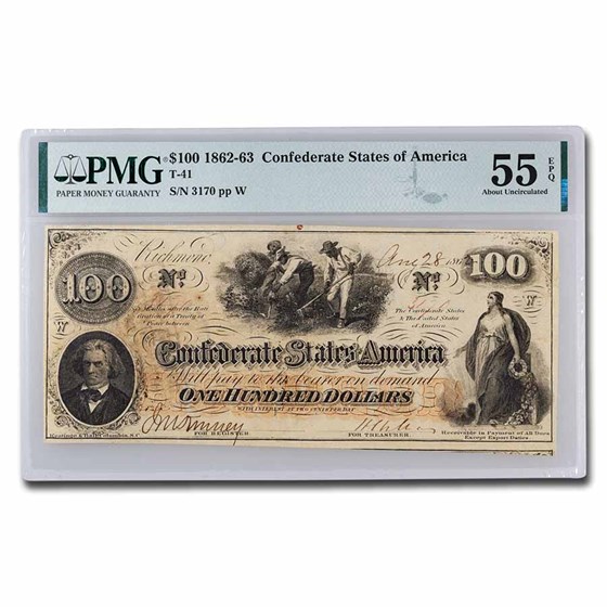 1862 $100 (T-41) Slaves Hoeing Cotton AU-55 EPQ PMG 1862 $100 (T-41) Slaves Hoeing Cotton AU-55 EPQ PMG