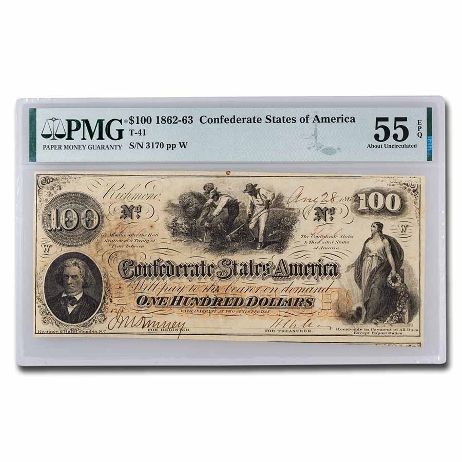 1862 $100 (T-41) Slaves Hoeing Cotton AU-55 EPQ PMG