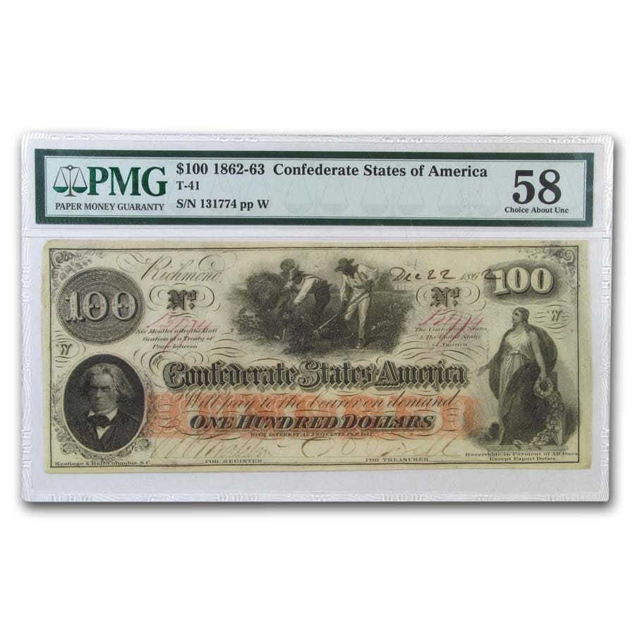 1862 $100 (T-41) Slaves Hoeing Cotton AU-58 PMG
