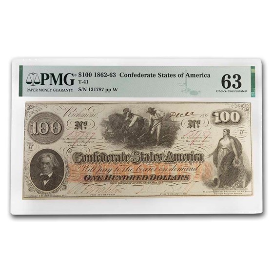 1862 $100 (T-41) Slaves Hoeing Cotton CU-63 PMG (Stain) 1862 $100 (T-41) Slaves Hoeing Cotton CU-63 PMG (Stain)