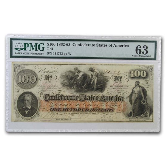 1862 $100 (T-41) Slaves Hoeing Cotton CU-63 PMG 1862 $100 (T-41) Slaves Hoeing Cotton CU-63 PMG
