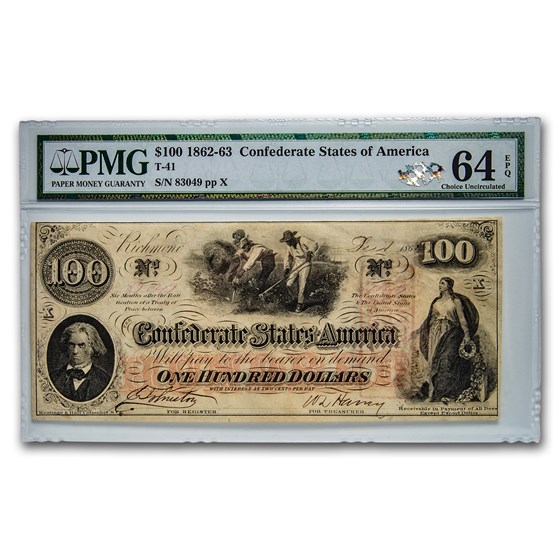 1862 $100 (T-41) Slaves Hoeing Cotton CU-64 EPQ PMG 1862 $100 (T-41) Slaves Hoeing Cotton CU-64 EPQ PMG