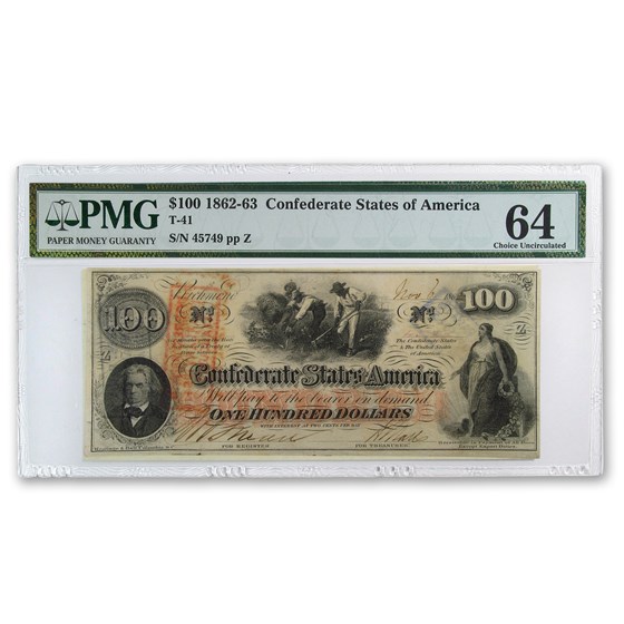 1862 $100 (T-41) Slaves Hoeing Cotton CU-64 PMG 1862 $100 (T-41) Slaves Hoeing Cotton CU-64 PMG
