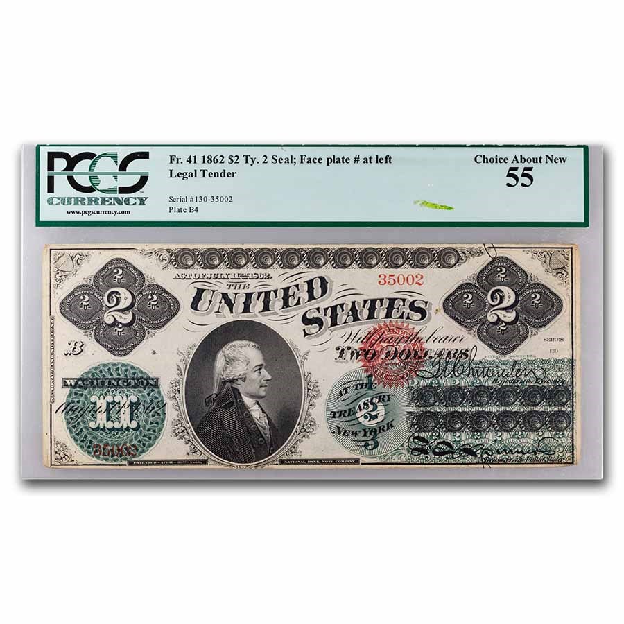 1862 $2.00 Legal Tender Hamilton AU-55 PCGS (Fr#41)