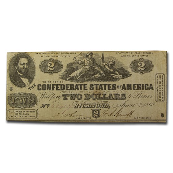 1862 $2.00 (T-42) South Strikes Union J.P. Benjamin Fine 1862 $2.00 (T-42) South Strikes Union J.P. Benjamin Fine
