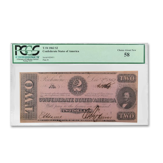 1862 $2.00 (T-54) Judah Benjamin AU-58 PCGS 1862 $2.00 (T-54) Judah Benjamin AU-58 PCGS