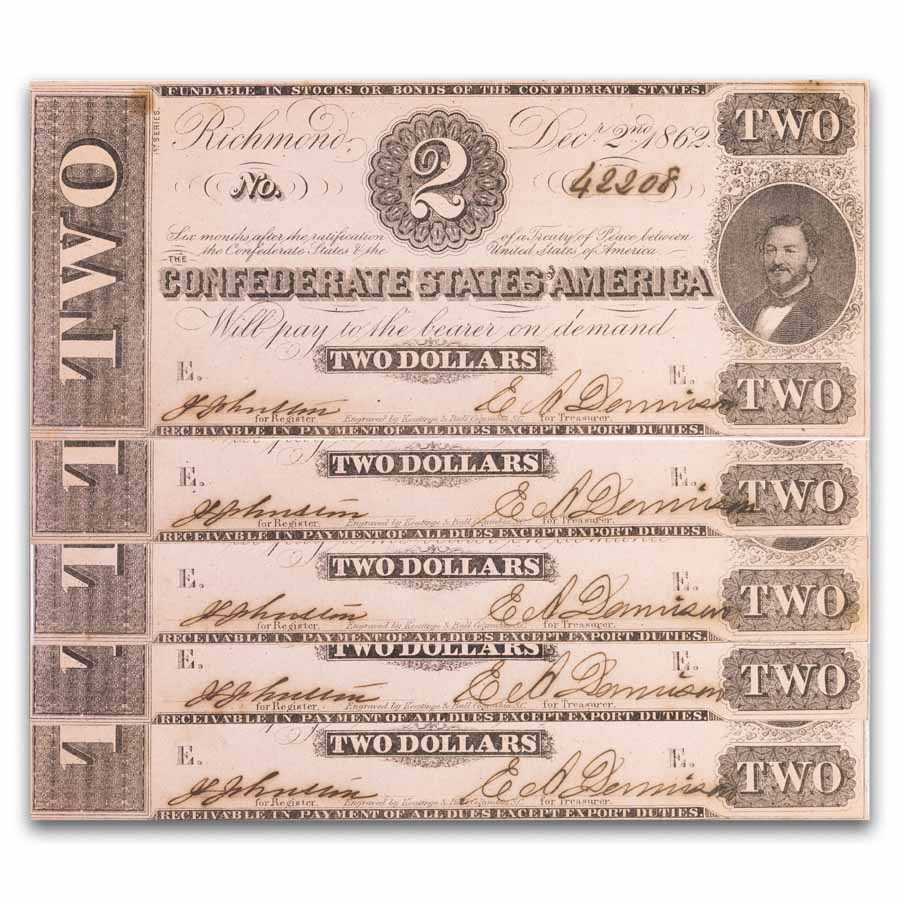 1862 $2.00 (T-54) Judah Benjamin CU 5 Consecutive
