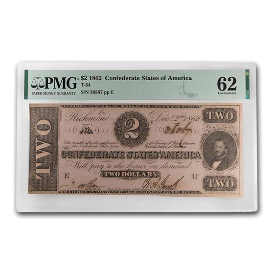 1862 $2.00 (T-54) Judah Benjamin CU-62 PMG 1862 $2.00 (T-54) Judah Benjamin CU-62 PMG