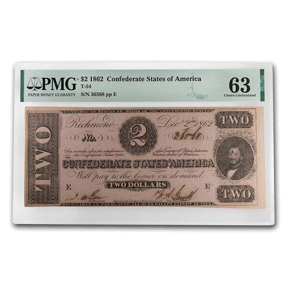 1862 $2.00 (T-54) Judah Benjamin CU-63 PMG 1862 $2.00 (T-54) Judah Benjamin CU-63 PMG