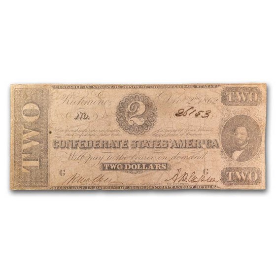 1862 $2.00 (T-54) Judah P. Benjamin VG 1862 $2.00 (T-54) Judah P. Benjamin VG