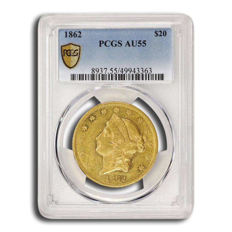 1862 $20 Liberty Gold Double Eagle AU-55 PCGS