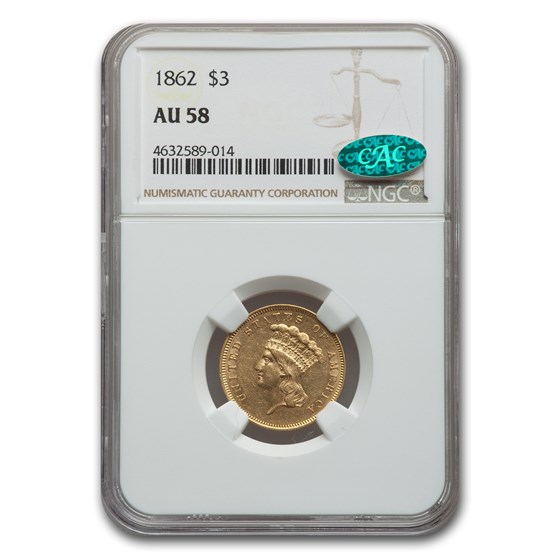 1862 $3 Gold Princess AU-58 NGC CAC 1862 $3 Gold Princess AU-58 NGC CAC