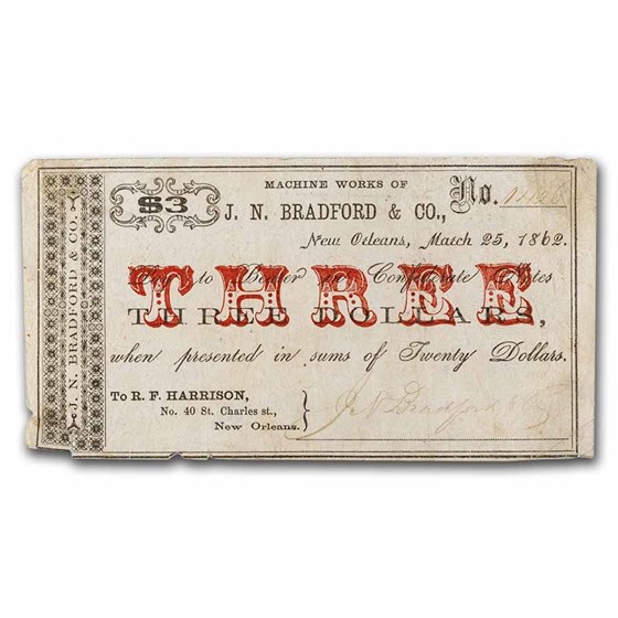 1862 $3 New Orleans Machine Works J. N. Bradford & Co. Fine