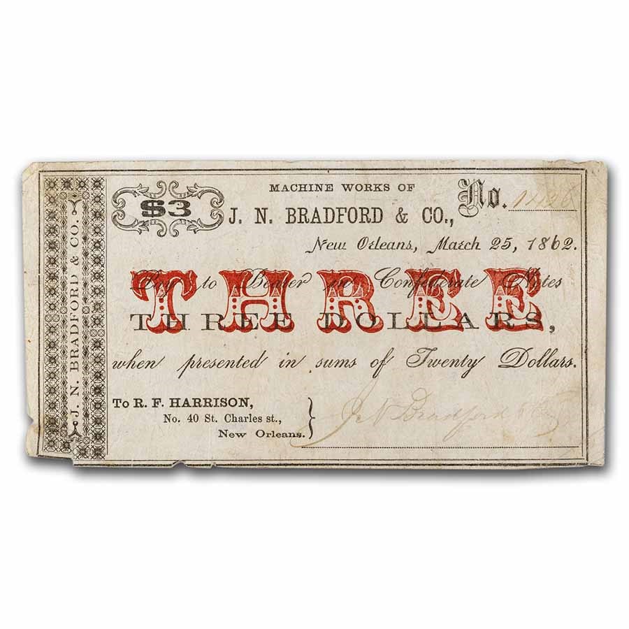 1862 $3 New Orleans Machine Works J. N. Bradford & Co. Fine