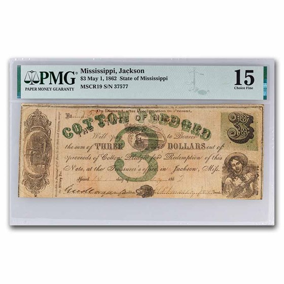1862 $3 State of Mississippi Obsolete - Cotton Pledged - F-15 PMG 1862 $3 State of Mississippi Obsolete - Cotton Pledged - F-15 PMG