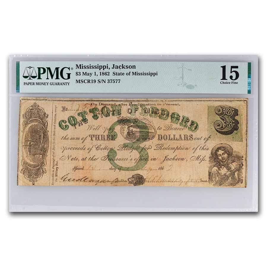 1862 $3 State of Mississippi Obsolete - Cotton Pledged - F-15 PMG