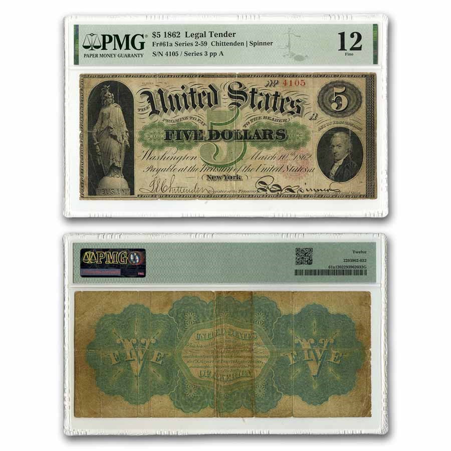 1862 $5.00 Legal Tender Alexander Hamilton F-12 PMG (Fr#61A)