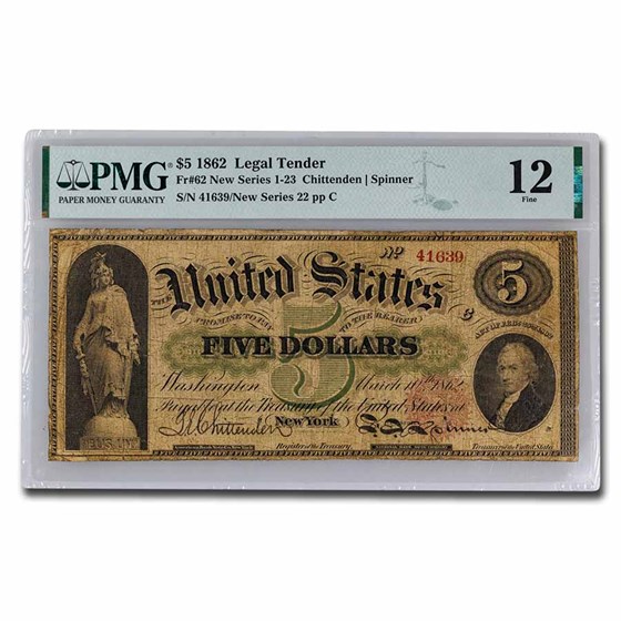 1862 $5.00 Legal Tender Alexander Hamilton Fine PMG (Fr#62) 1862 $5.00 Legal Tender Alexander Hamilton Fine PMG (Fr#62)