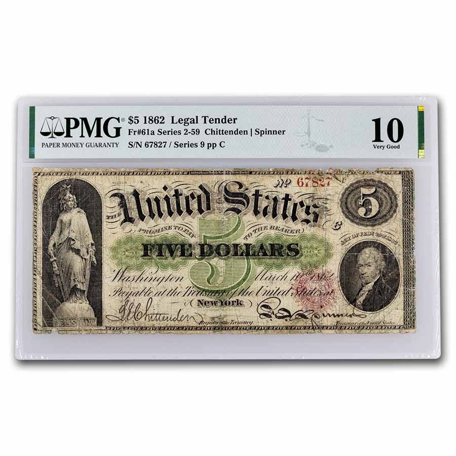 1862 $5.00 Legal Tender Alexander Hamilton VG-10 PMG (Fr#61A)
