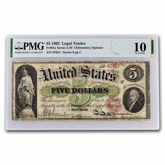 1862 $5.00 Legal Tender Alexander Hamilton VG-10 PMG (Fr#61A) 1862 $5.00 Legal Tender Alexander Hamilton VG-10 PMG (Fr#61A)