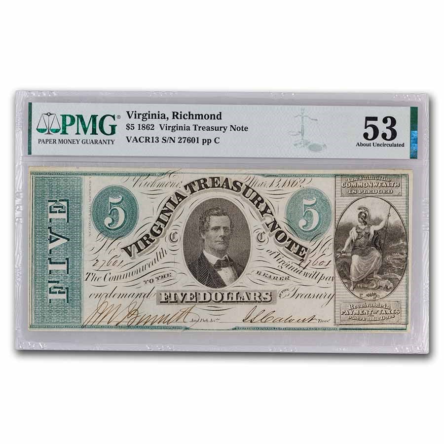 Buy 1862 5.00 Richmond Virginia Treasury Note AU53 PMG APMEX