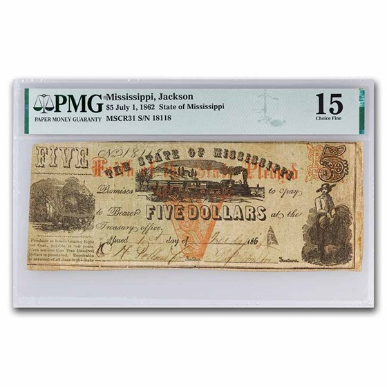 1862 $5.00 State of Mississippi Obsolete - F-15 PMG 1862 $5.00 State of Mississippi Obsolete - F-15 PMG