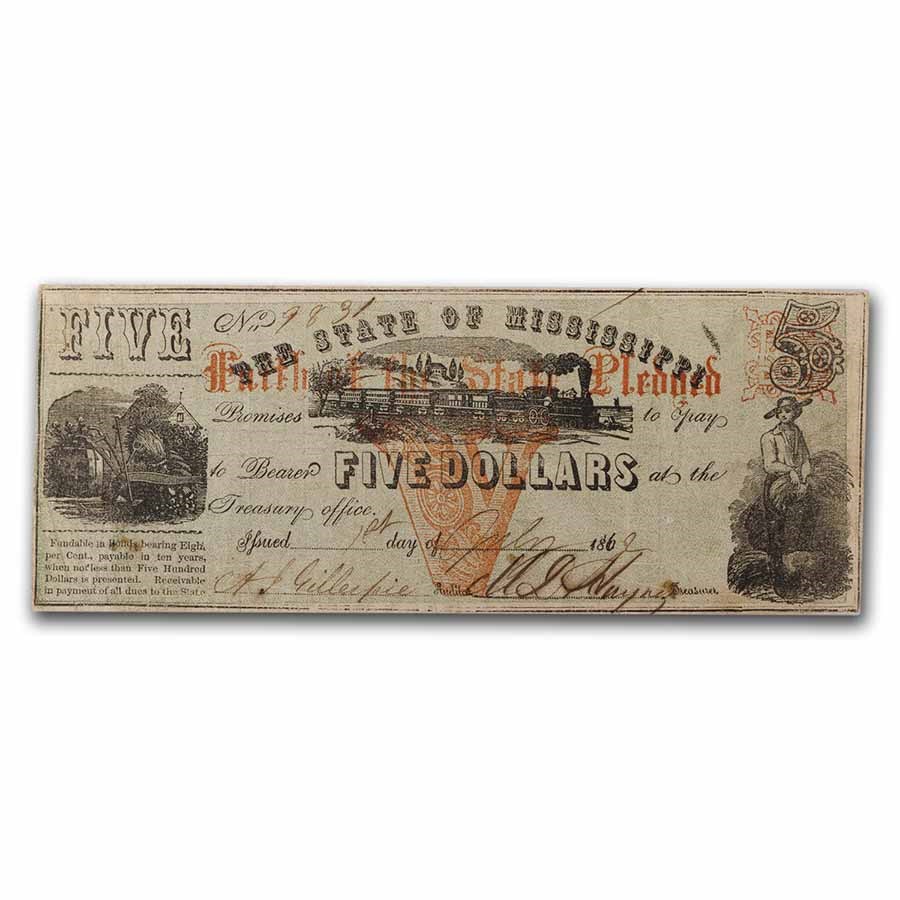 1862 $5.00 State of Mississippi Obsolete - Fine