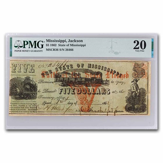 1862 $5.00 State of Mississippi Obsolete - VF-20 PMG 1862 $5.00 State of Mississippi Obsolete - VF-20 PMG